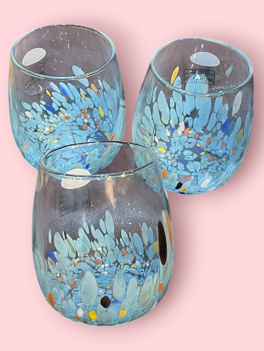 Murano Cristal White Stemless Wine Glasses (Blue Confetti) Set Of 3 - Picture 2 of 5